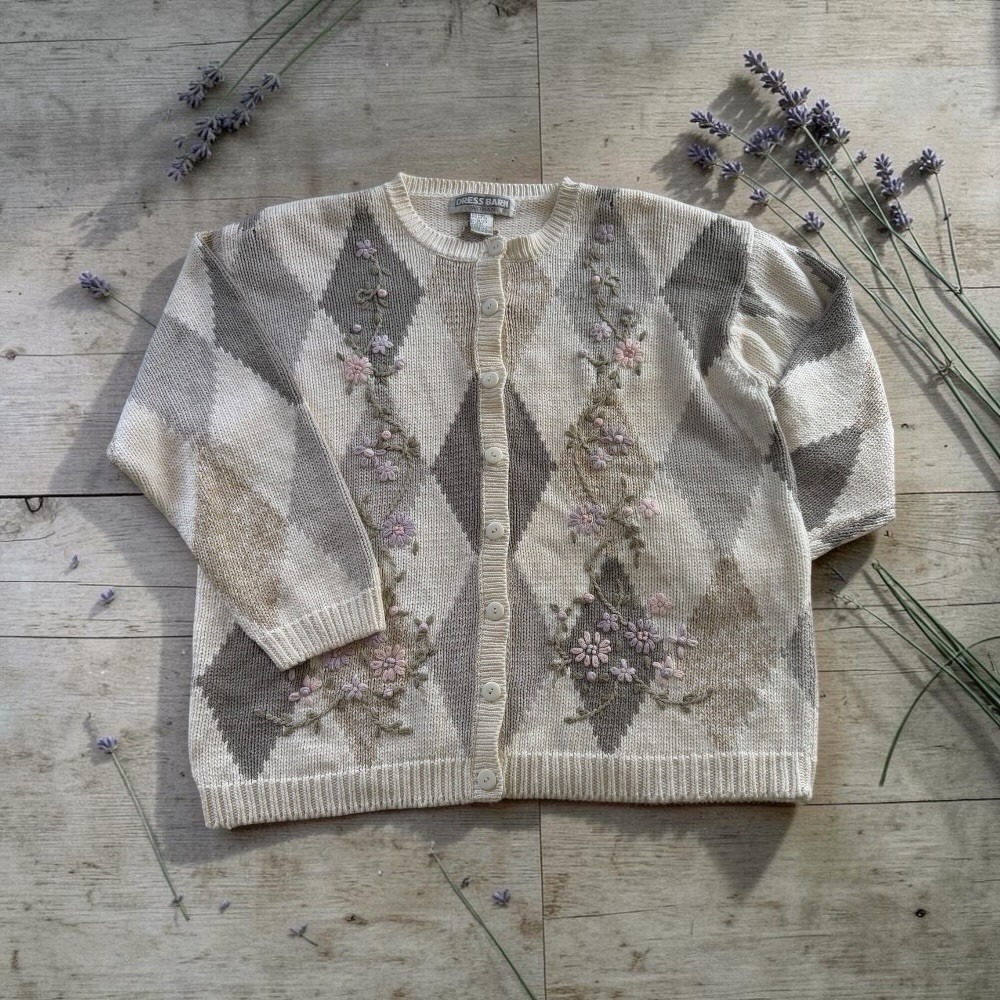 Vintage Dress‎ Barn Embroidered Argyle Floral Cardigan Sweater Womens Plus 18/20